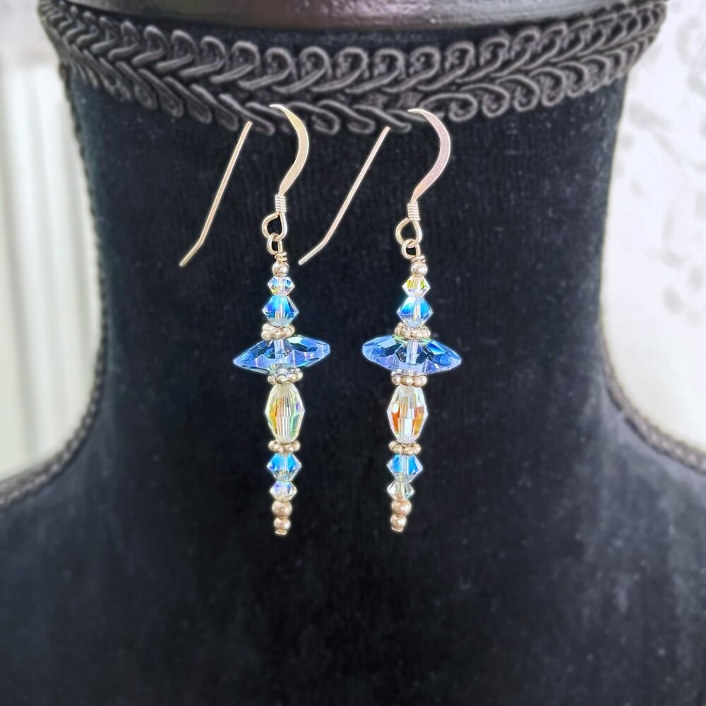 ⚜️Swarovski Aurora Borealis Crystal Handcrafted Earrings Blue & Clear sparkling